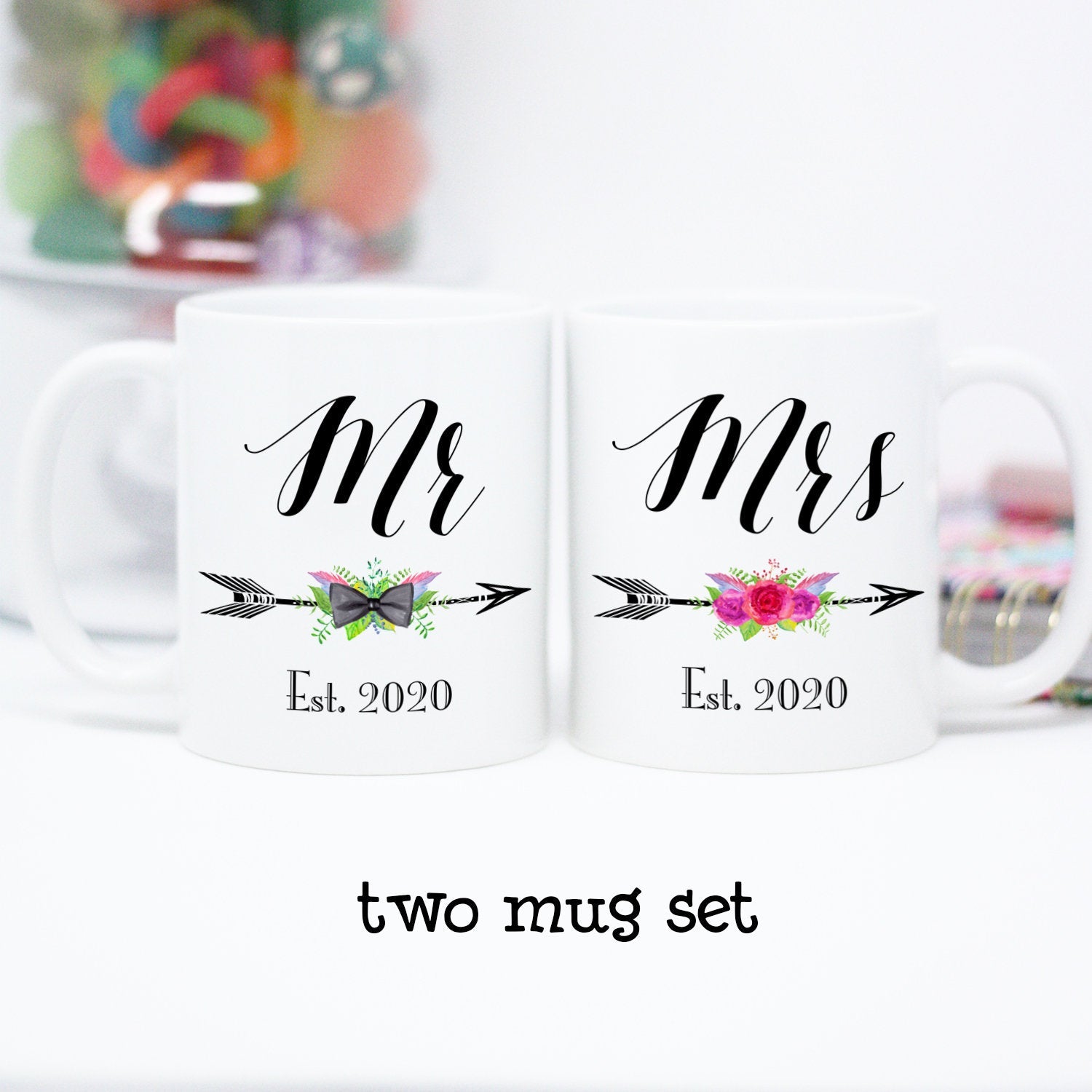 Set of 2 Mr and Mrs Mugs, Wedding Mug Set, His and Hers Mugs